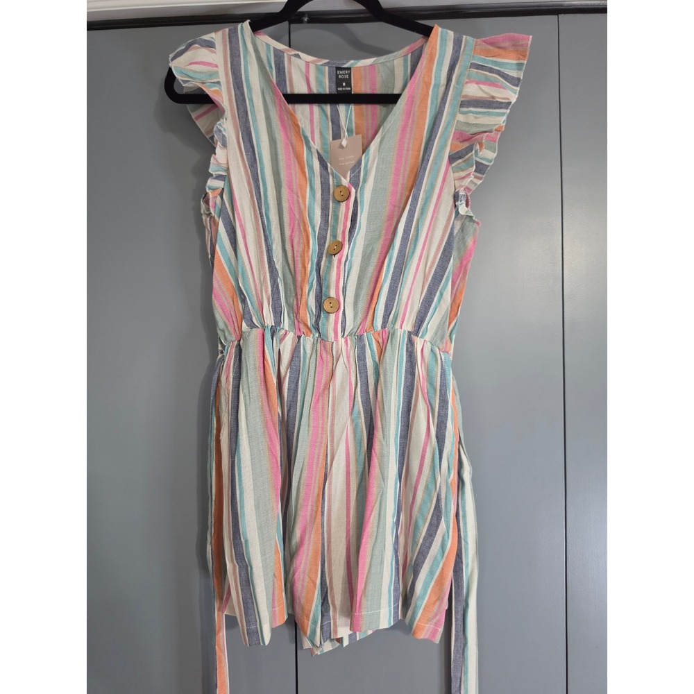 NWT Emery Rose Romper Medium Multi Color Stripe Ruffle Sleeve V-Neck Belted